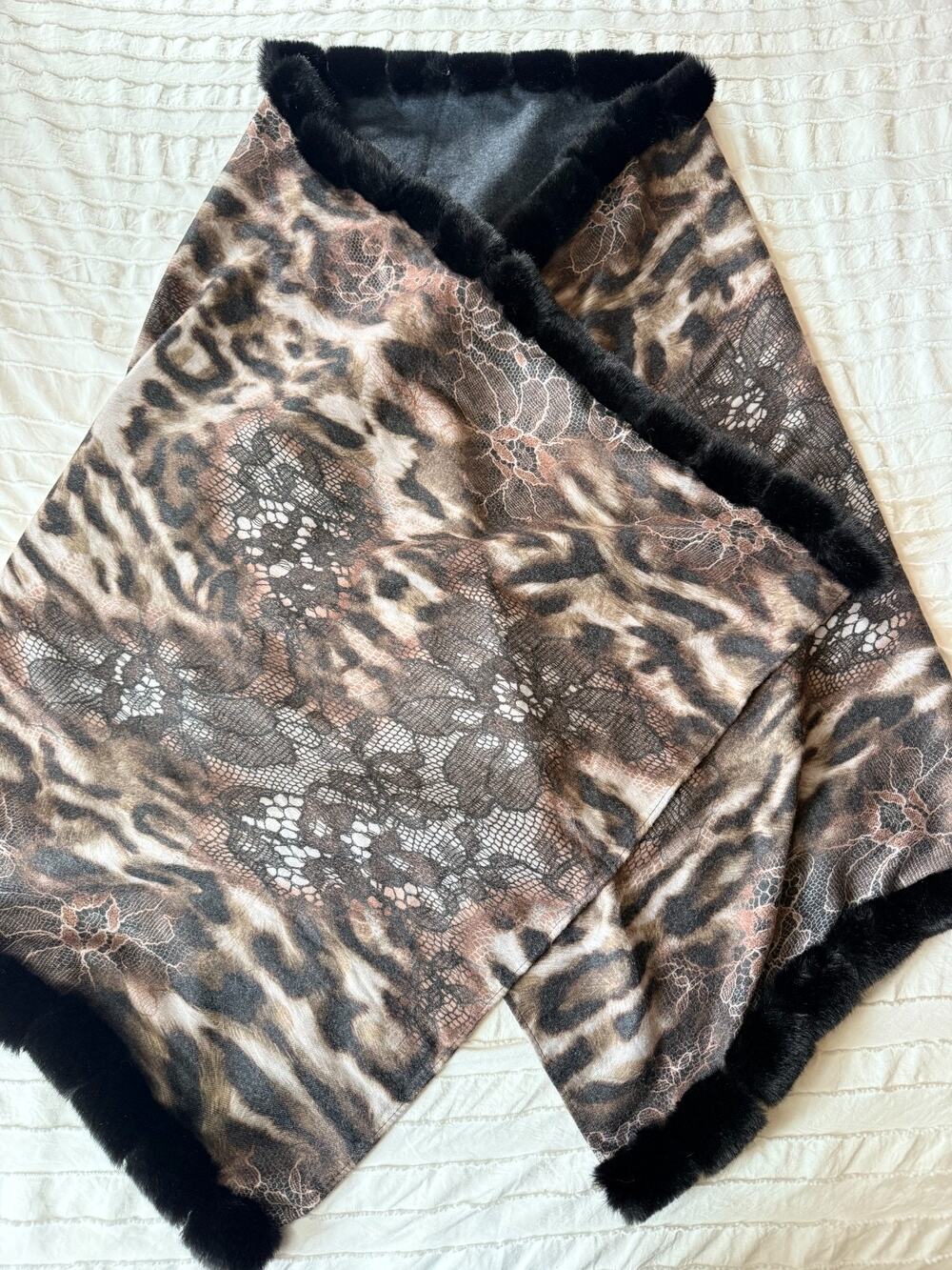 Women's Leopard Print Faux Fur Trim Wrap Shawl
